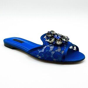 NEW Dolce & Gabbana Flat Slides Crystal Embellishment in Blue Leather and Lace